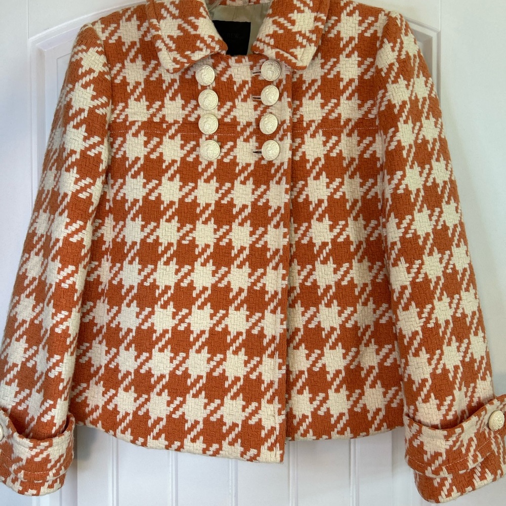 J.Crew Italian Houndstooth Greta Coat Orange & White Women’s Size Regularly $375 - Picture 3 of 14